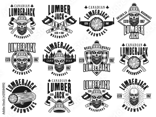 Lumberjack and woodworks vector vintage emblems