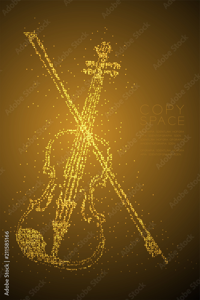 Obraz premium Abstract Geometric Bokeh circle dot pixel pattern Violin and bow shape, music concept design gold color illustration isolated on brown gradient background with copy space, vector eps 10
