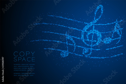 Abstract Geometric Bokeh circle dot pixel pattern Music note with line staff shape concept design blue color illustration isolated on blue gradient background with copy space, vector