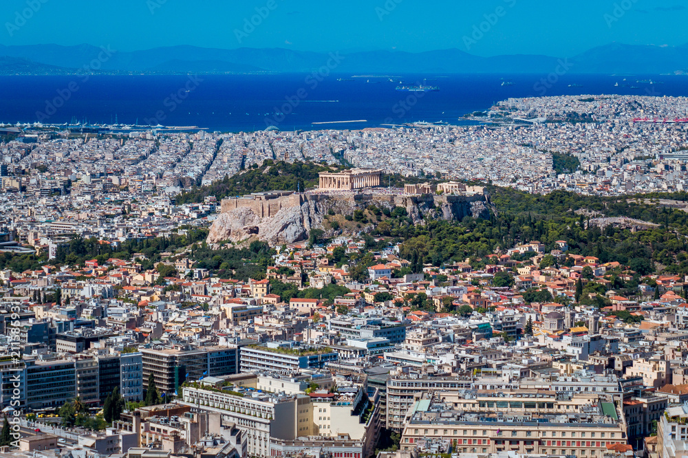 Beautiful aerial view over the city of Athens and Acropolis of Athens in Greece on a bright summer day