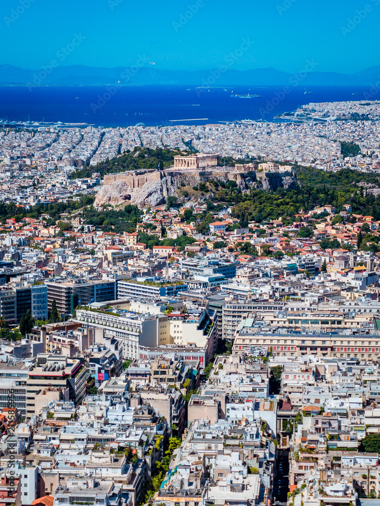 Beautiful aerial view over the city of Athens and Acropolis of Athens in Greece on a bright summer day