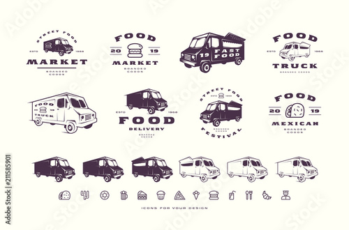 Set of emblems and logo for street food market, festival, delivery