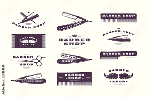 Set of vintage barber shop labels, emblems and logos