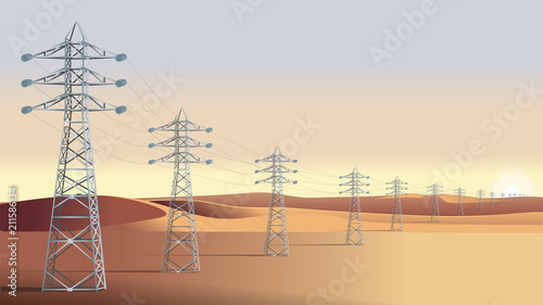 High voltage power line tower. Flat design. Vector illustration. Realistic. Desert. Sunshine.