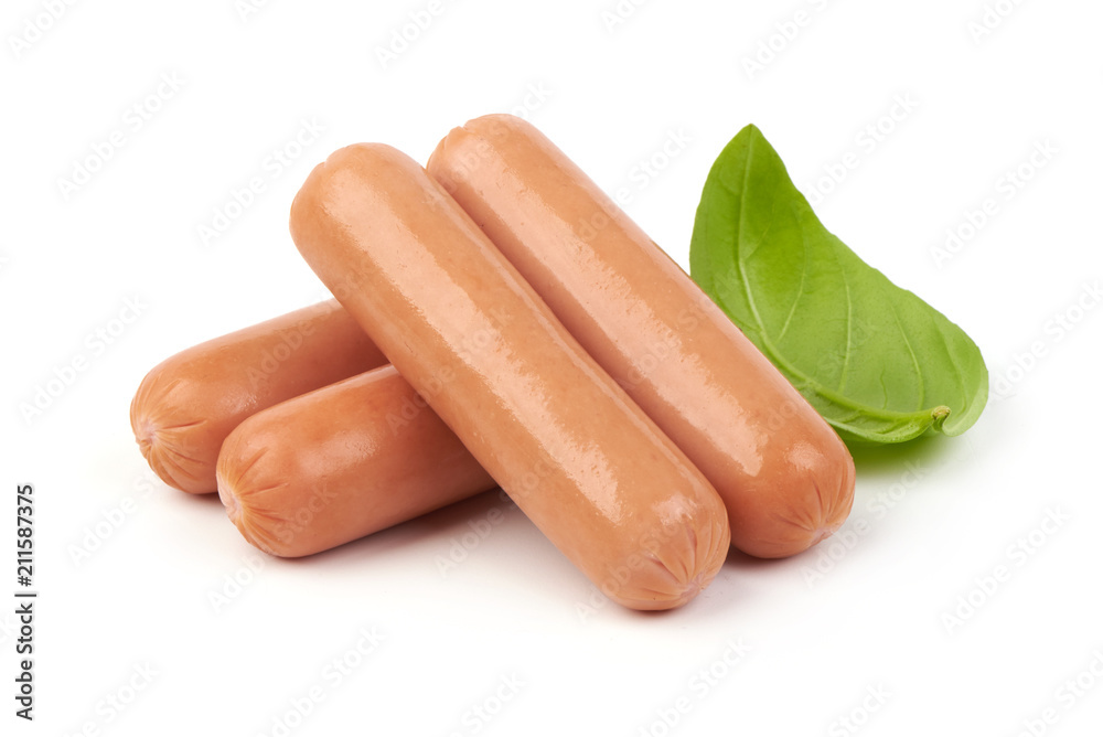 Fresh boiled sausages with herbs isolated on white background. Close-up. Fresh boiled sausages with herbs isolated on white background. Close-up.
