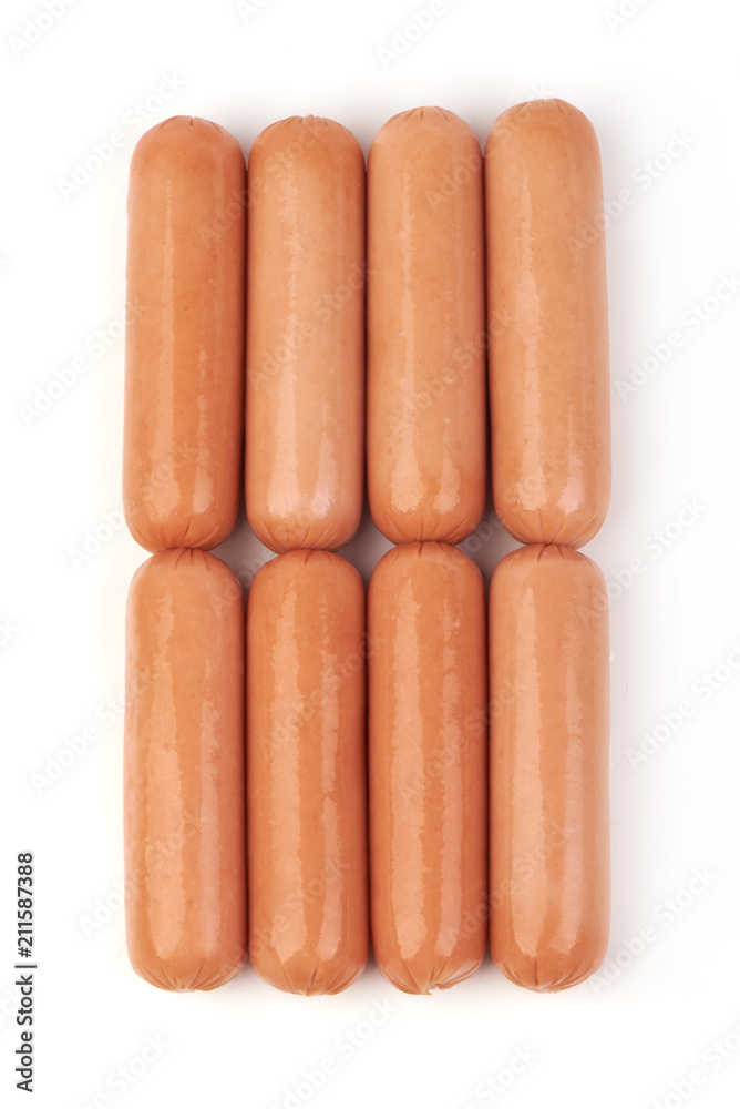 Fresh boiled sausages, isolated on white background. Close-up. Fresh boiled sausages, isolated on white background. Close-up.