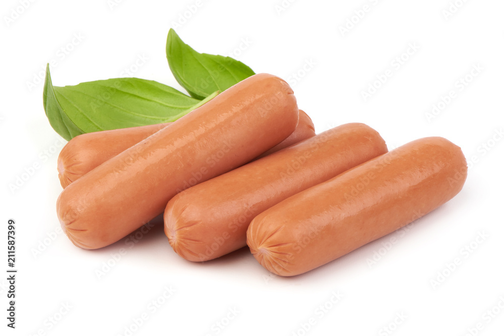 Fresh boiled sausages with herbs isolated on white background. Close-up. Fresh boiled sausages with herbs isolated on white background. Close-up.