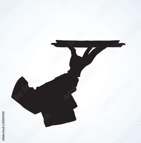 Hand of waiter with dish. Vector drawing