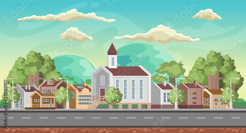 Vector game background. Landscape orientation. Panorama with colorful city.