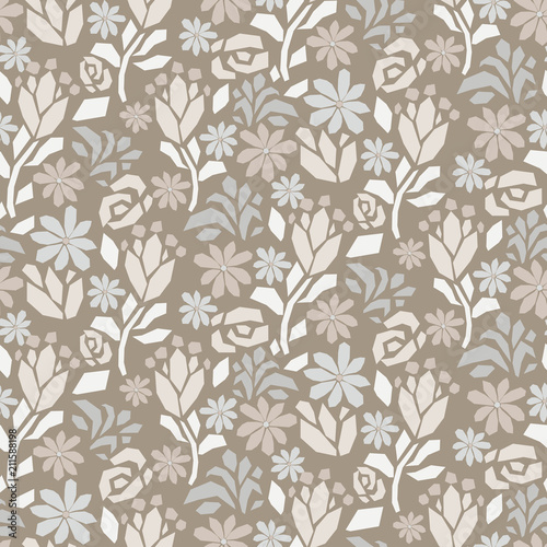 Cutout paper flower gray beige seamless vector pattern.