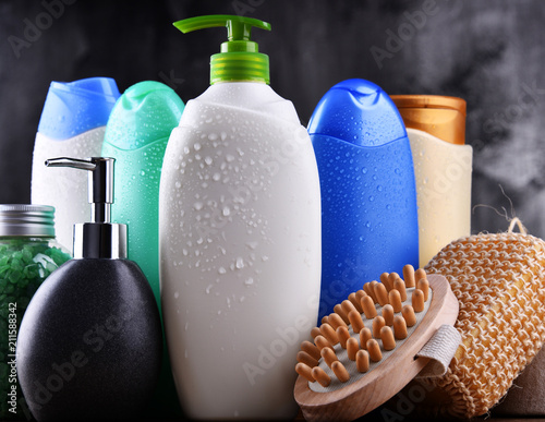 Plastic bottles of body care and beauty products