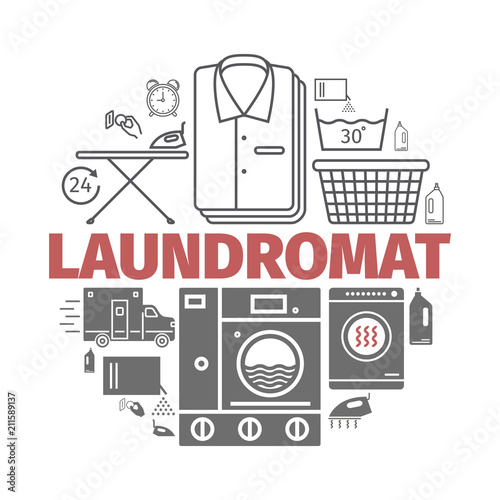 Laundromat banner. Dry cleaning services Vector illustration.