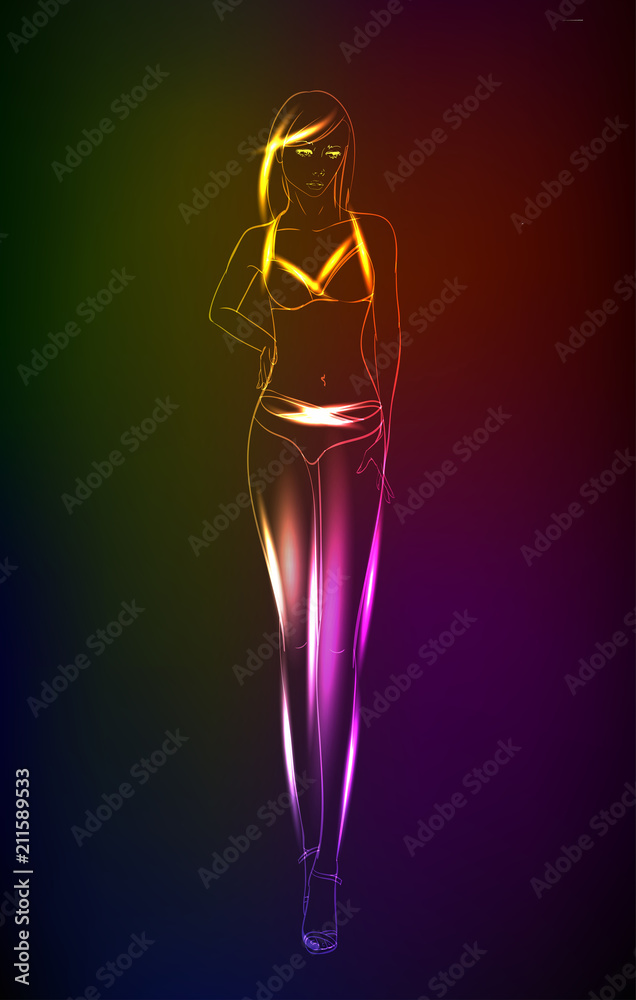 Hand-drawn fashion model from a neon. A light girl's. Fashion illustration. Hand-drawn fashion model from a neon. A light girl's. Fashion illustration.