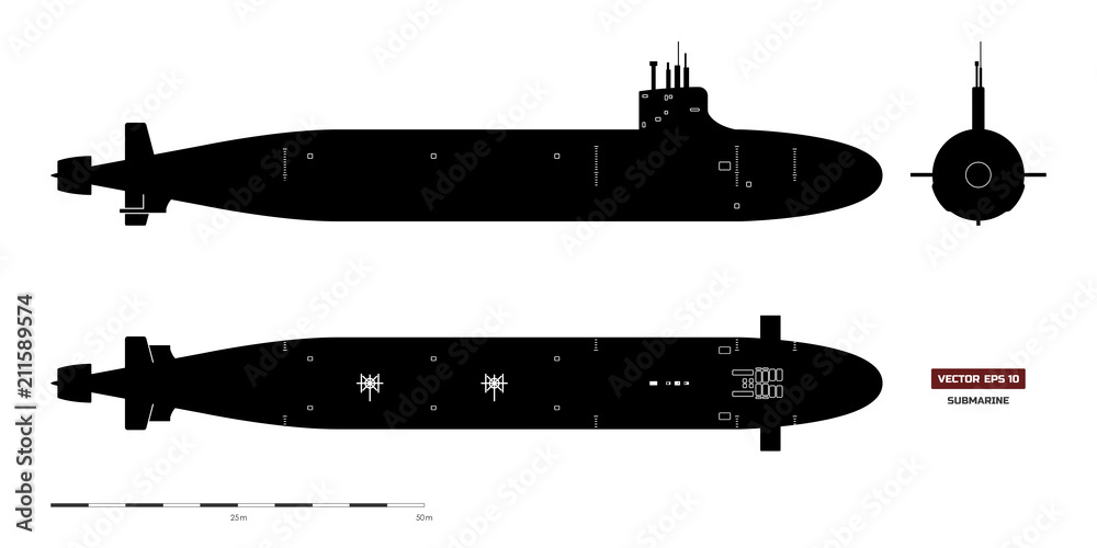 Obraz premium Black silhouette of submarine. Military ship. Top, front and side view. Battleship model. Industrial drawing. Warship image