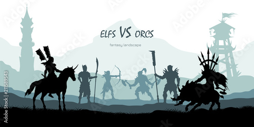 Black silhouette of battle orcs and elfs. Fantasy landscape. Medieval 2d panorama. Knights and warriors fighting scene. Scenery with towers