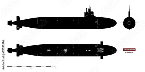 Black silhouette of submarine. Military ship. Top, front and side view. Battleship model. Industrial drawing. Warship image