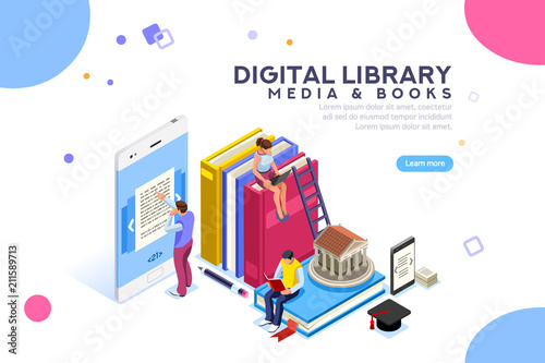 Media book library concept. E-book, reading an ebook to study on e-library at school. E-learning online, archive of books. Flat Isometric characters vector illustration. Landing page for web.