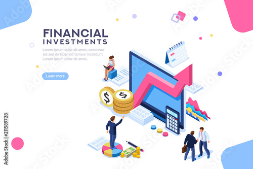 Balance financial value, management and administration concept. Characters, people engineering a plan. Statistic, calculating financial risk graph. Flat Isometric characters vector illustration.