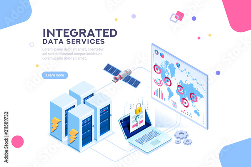 Energy station of future. hardware of global data center, electronic server net for software solutions to share informations on digital network. ethernet technology. Flat isometric illustration vector