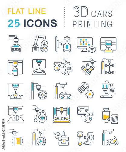 Set Vector Line Icons of 3D Cars Printing.