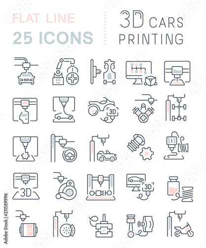 Set Vector Line Icons of 3D Cars Printing.