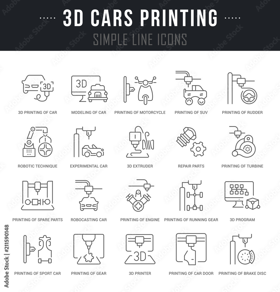 Set Vector Line Icons of 3D Cars Printing. Set Vector Line Icons of 3D Cars Printing.