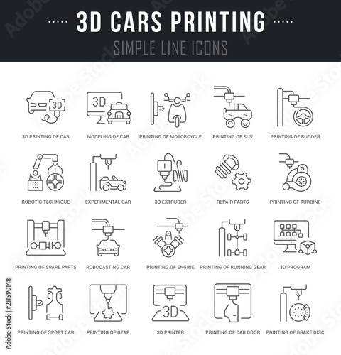 Set Vector Line Icons of 3D Cars Printing.