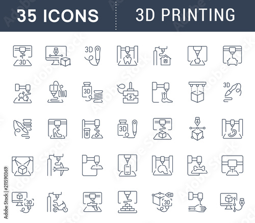 Set Vector Line Icons of 3D Printing.