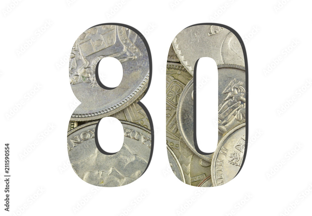80 3d Number Shiny silver coins textures for designers. White isolated 80 3d Number Shiny silver coins textures for designers. White isolated