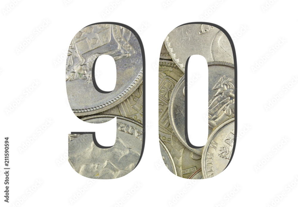 90 3d Number Shiny silver coins textures for designers. White isolated 90 3d Number Shiny silver coins textures for designers. White isolated