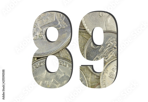 89 3d Number Shiny silver coins textures for designers. White isolated