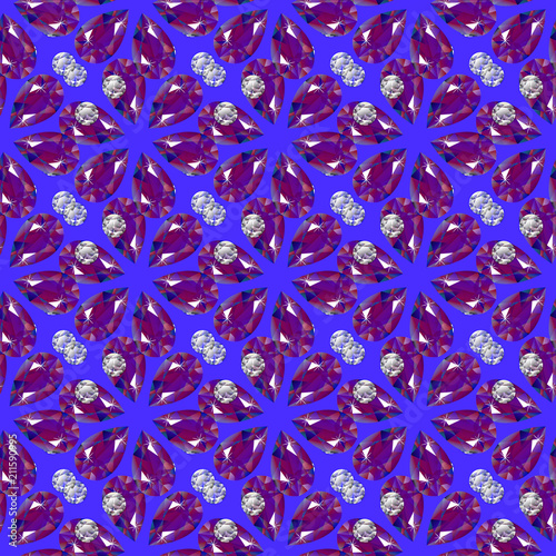 Flowers from precious stones. Seamless Pattern. Jewelry. Blue background. Chaotic arrangement of elements