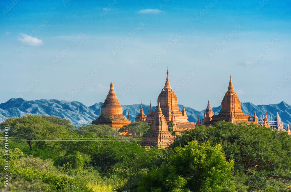 View of ancient pagodas in Bagan, Myanmar. Copy space for text.
