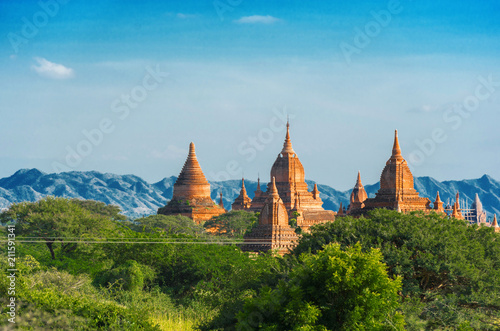Quadro em tela View of ancient pagodas in Bagan, Myanmar. Copy space for text.
