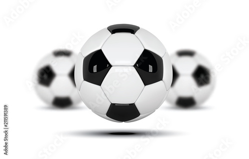 Realistic soccer balls or football ball on white background. Set of three 3d Style vector Ball isolated on white background. Football design with blurred balls
