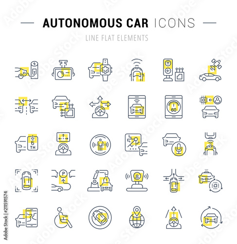 Set Vector Line Icons of Autonomous Car.