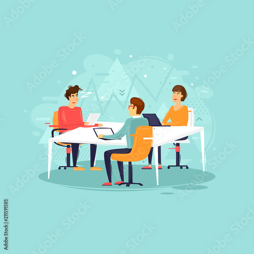 Teamwork, office life, business meetings. Flat design vector illustration.