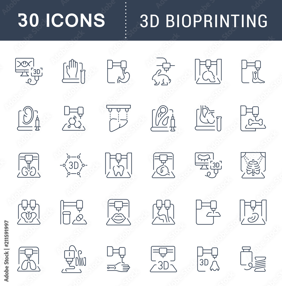 Set Vector Line Icons of 3D Bioprinting. Set Vector Line Icons of 3D Bioprinting.