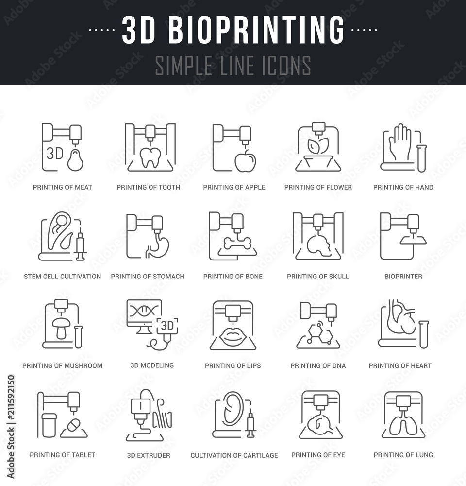 Set Vector Line Icons of 3D Bioprinting.