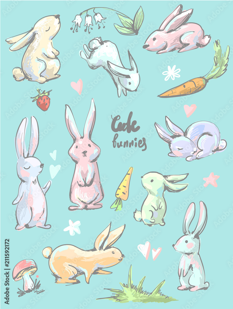 Big collection of cute cartoon style hares in different positions , bunnies with carrots, hearts, mushroom, grass, flowers, strawberry and lily of the valley Big collection of cute cartoon style hares in different positions , bunnies with carrots, hearts, mushroom, grass, flowers, strawberry and lily of the valley