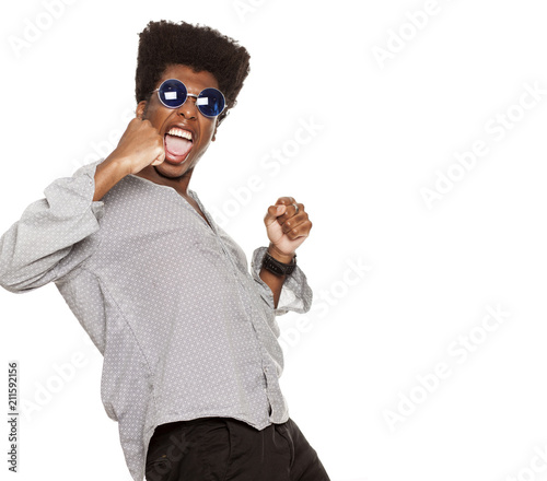 young handsome afro american guy stylish hipster shouting happy isolated on white background. people emotions concept
