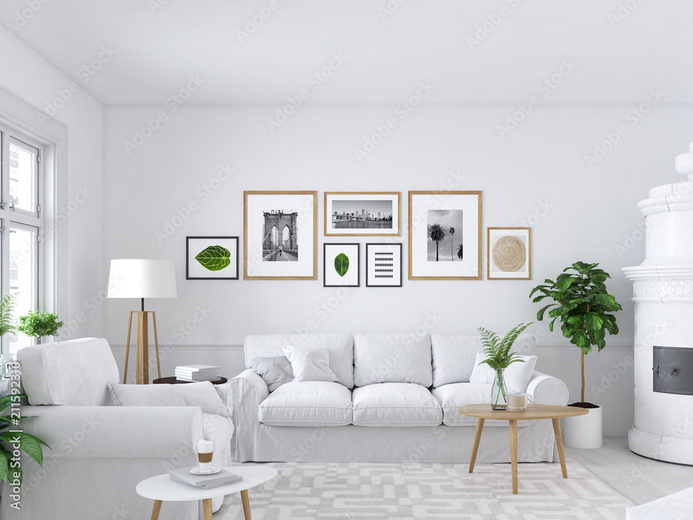 Fototapeta premium living room with picture frames and fireplace. 3d rendering