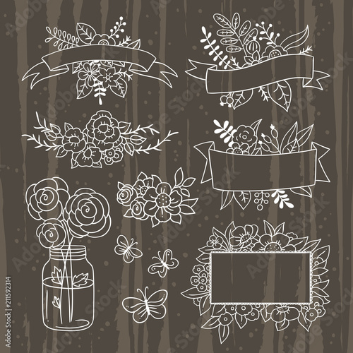 Vintage elements hand drawn illustration set with banners, ribbons, florals and frames