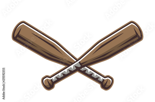 Two crossed wooden baseball bats. Sport logo, emblem, symbol, sign, badge, label, vector illustration in cartoon style, isolated on white background.