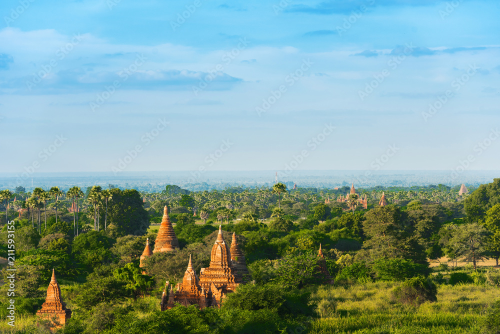 View of the landscape and pagodas in Bagan, Myanmar. Copy space for text.