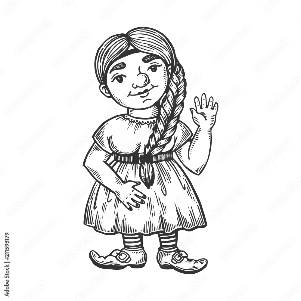 Fototapeta premium Gnome girl engraving vector illustration