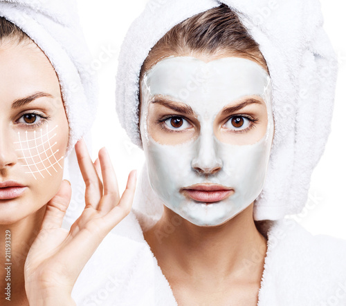 Collage of woman in bathrobe with lifting lines on face. photo