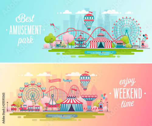Amusement park landscape banners with carousels, roller coaster and air balloon.