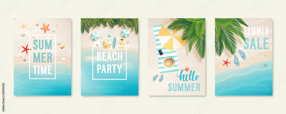 Fototapeta Tropikalne karty plażowe z piaskiem, morzem i palmami. Letnie ulotki z rozgwiazdami, klapkami i parasolami plażowymi.