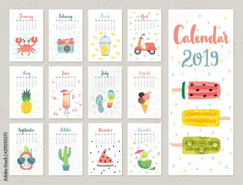 Calendar 2019. Cute monthly calendar with lifestyle objects, fruits, and plants.